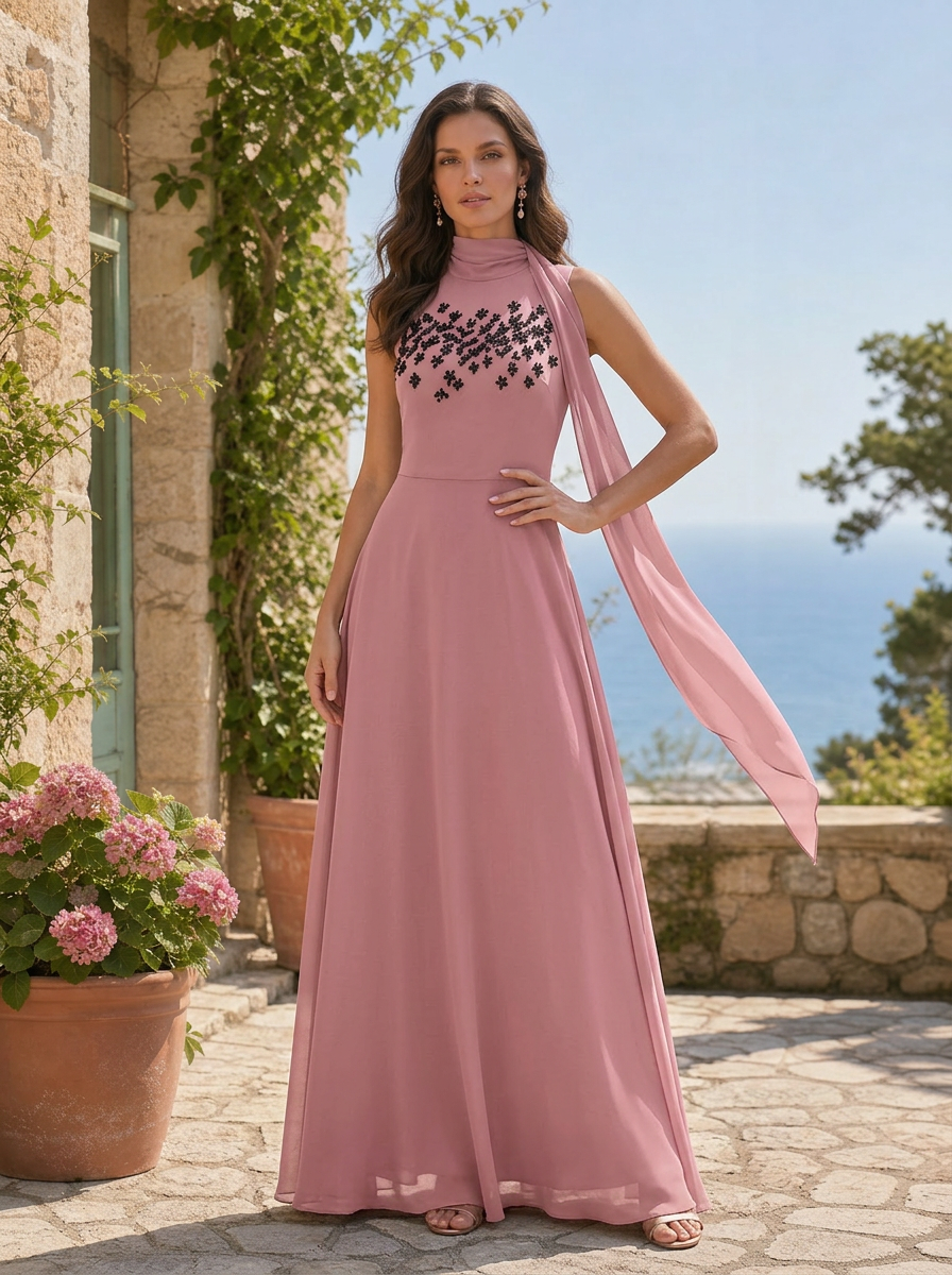 Black High Neck Sleeveless Beaded Chiffon Floor Length Gown