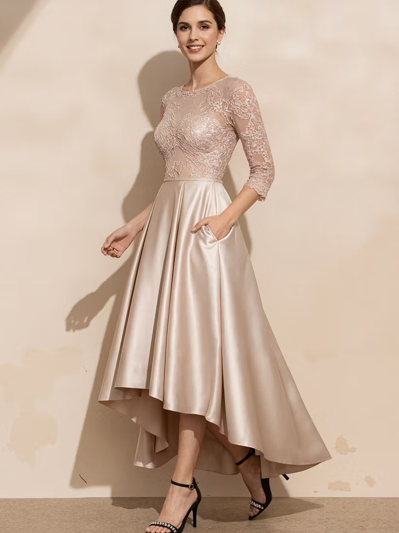 Solid Color Lace Three Quarter Sleeve High And Low Hem Satin Maxi Dress