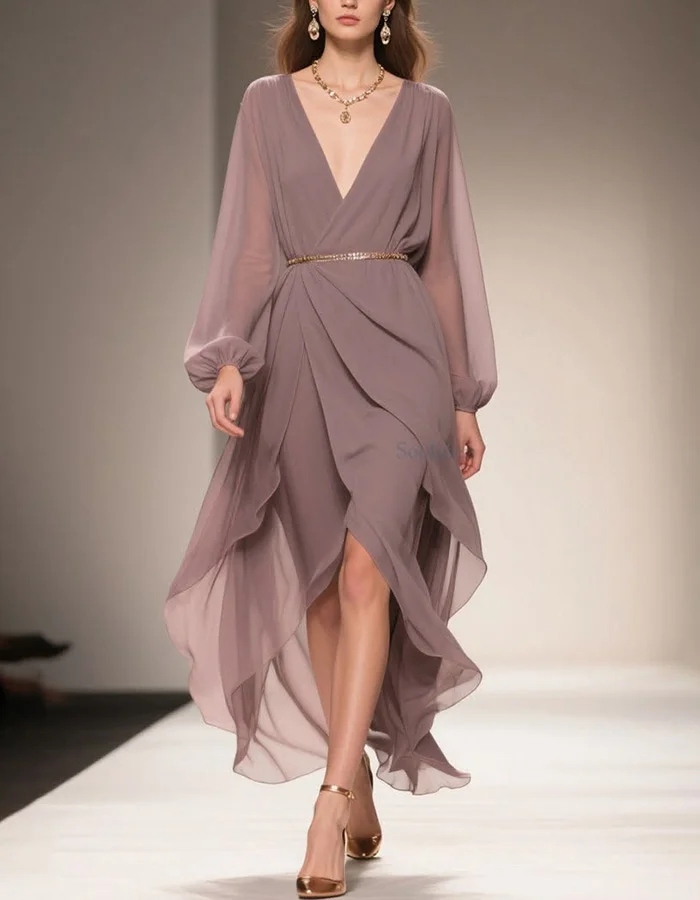 Dusty Mauve Chiffon V-Neck High-Low Maxi Dress