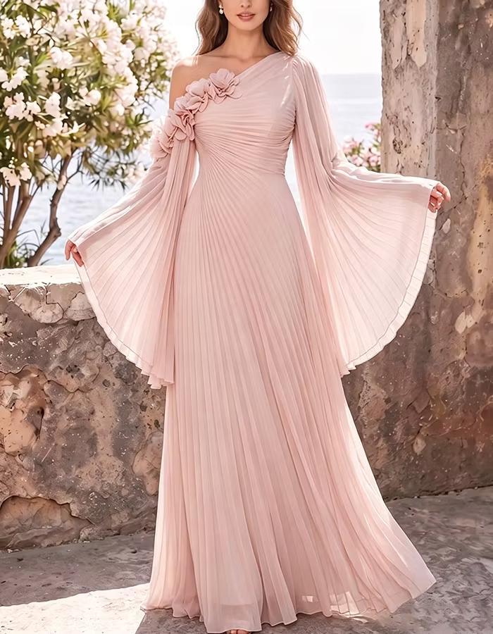 Light Blue One‑Shoulder 3D Floral Pleated Bell‑Sleeve Chiffon Maxi Dress