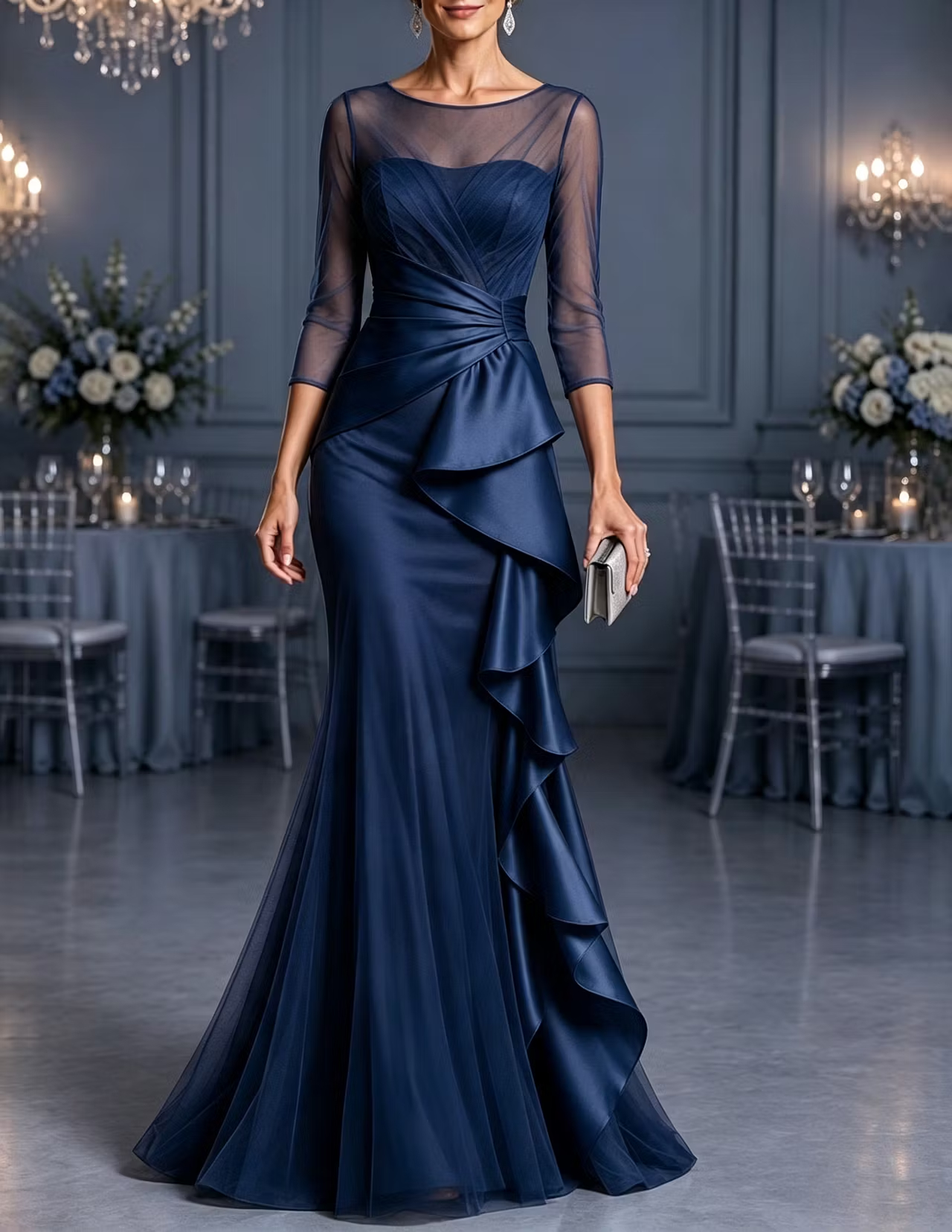 Illusion Round Neck Tulle & Satin Cascading Ruffles 3/4 Sleeve Mermaid Maxi Dress
