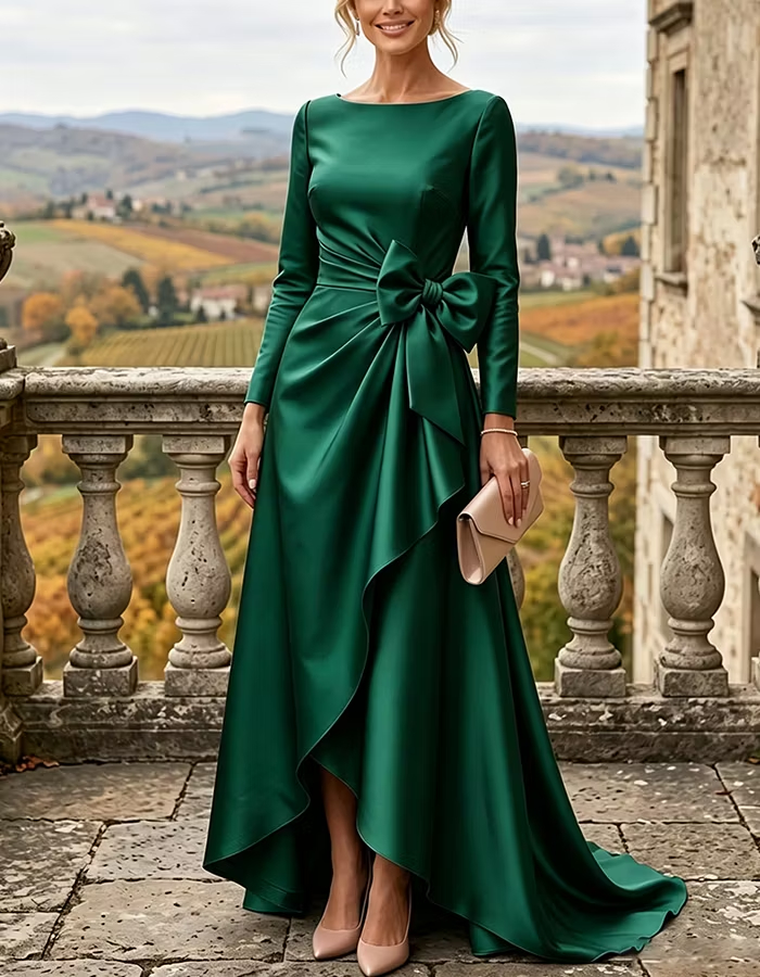 Satin Bateau Neck Bow Ruffle High Low Maxi Dress