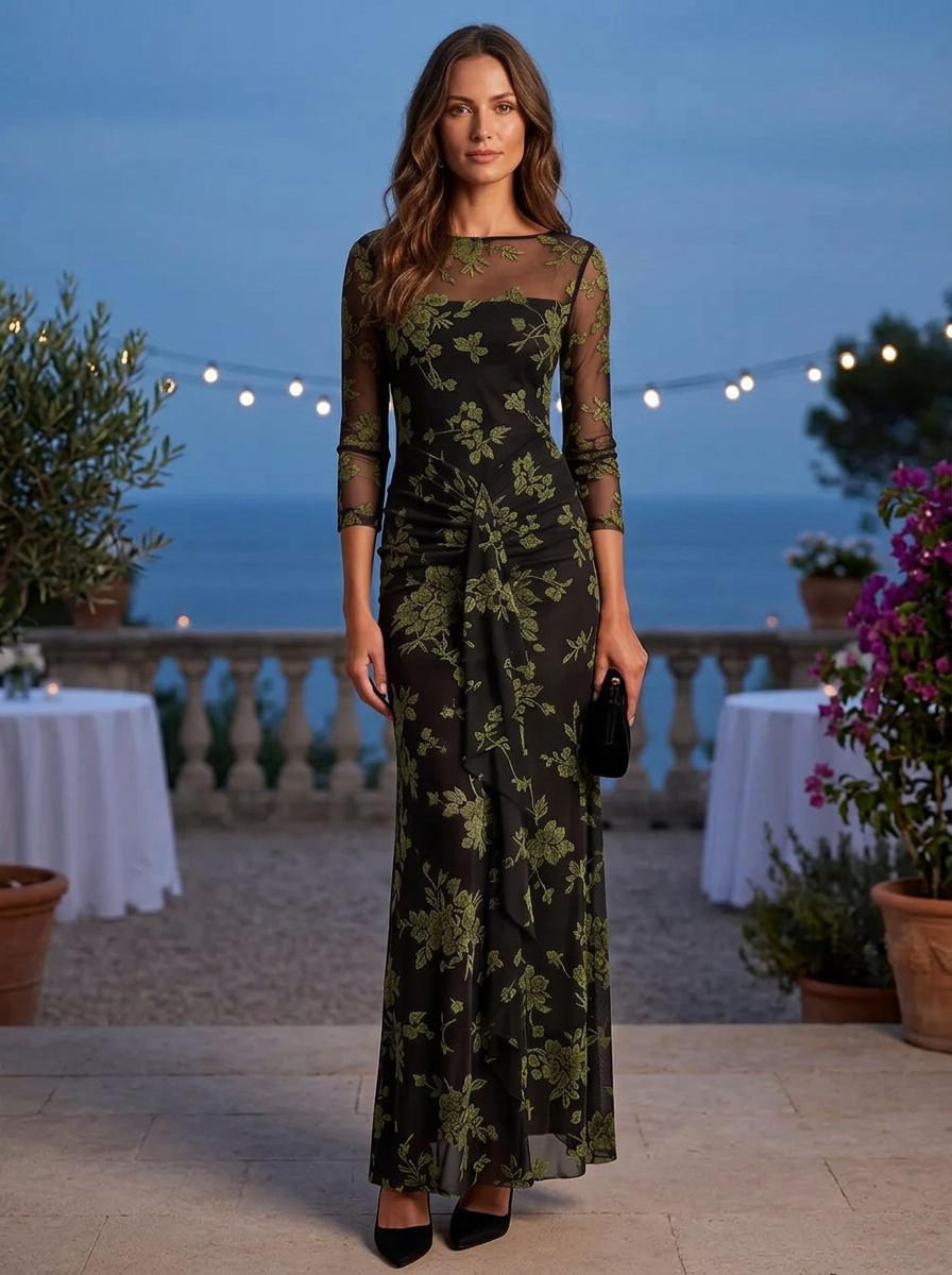 Black Round Neck 3/4 Sleeve Floral Embroidery Ruched Waist Sheath Maxi Dress