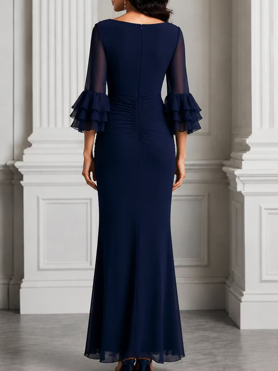 Navy Blue Cowl Neck Sheer Ruffle Sleeves Maxi Dress