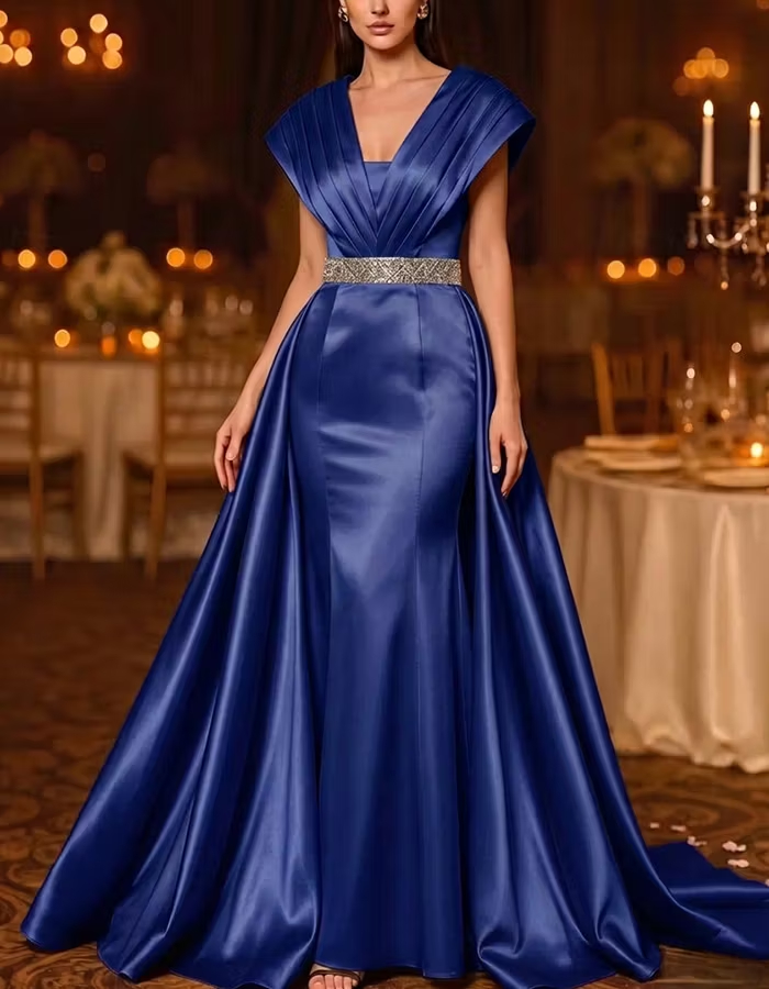 Gold Pleated V‑Neck Cap‑Sleeve Beaded‑Waist Satin Mermaid Maxi Dress