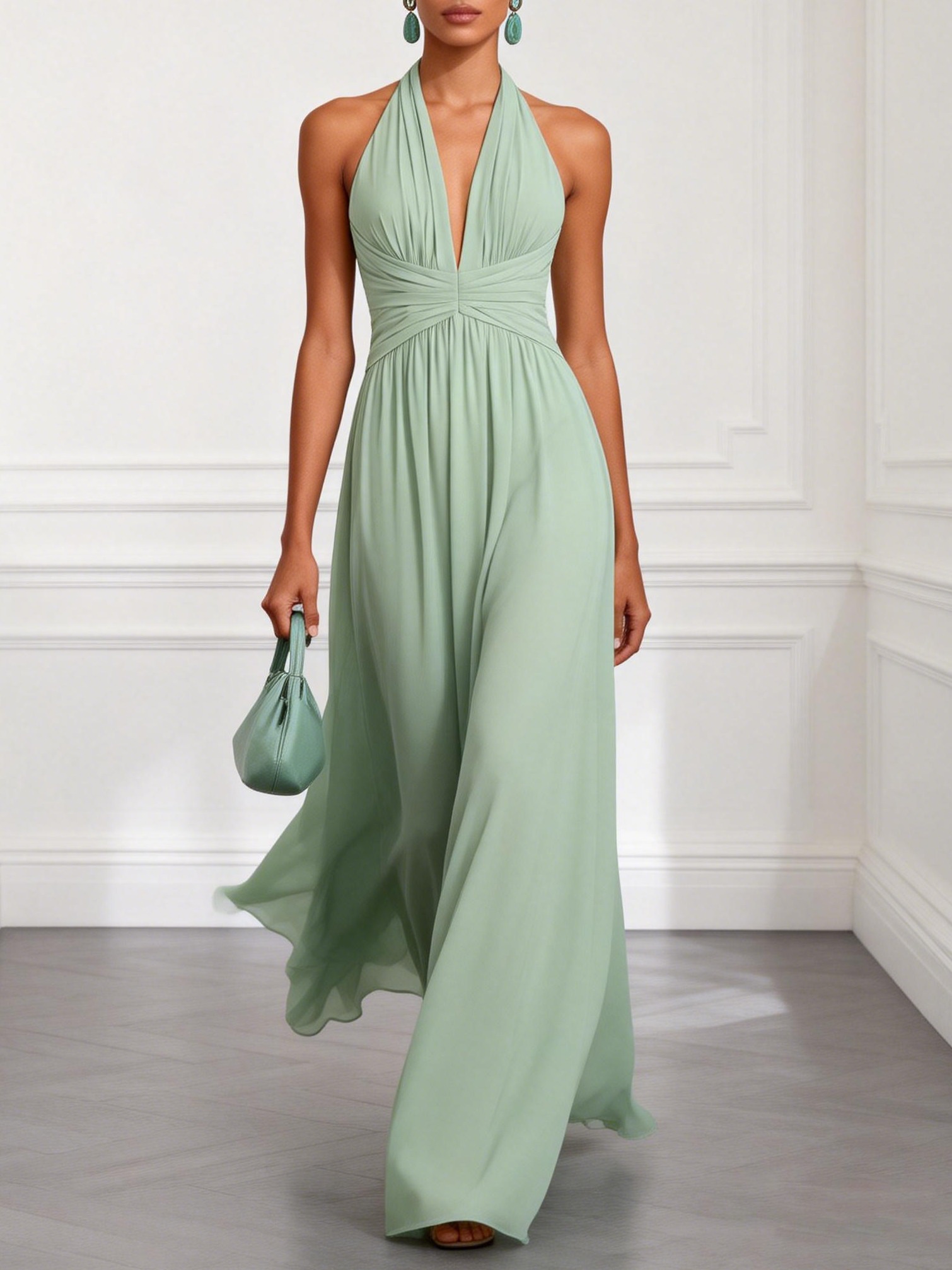 Green Ruched Bow Chiffon Halter Sleeveless A-Line Maxi Dress