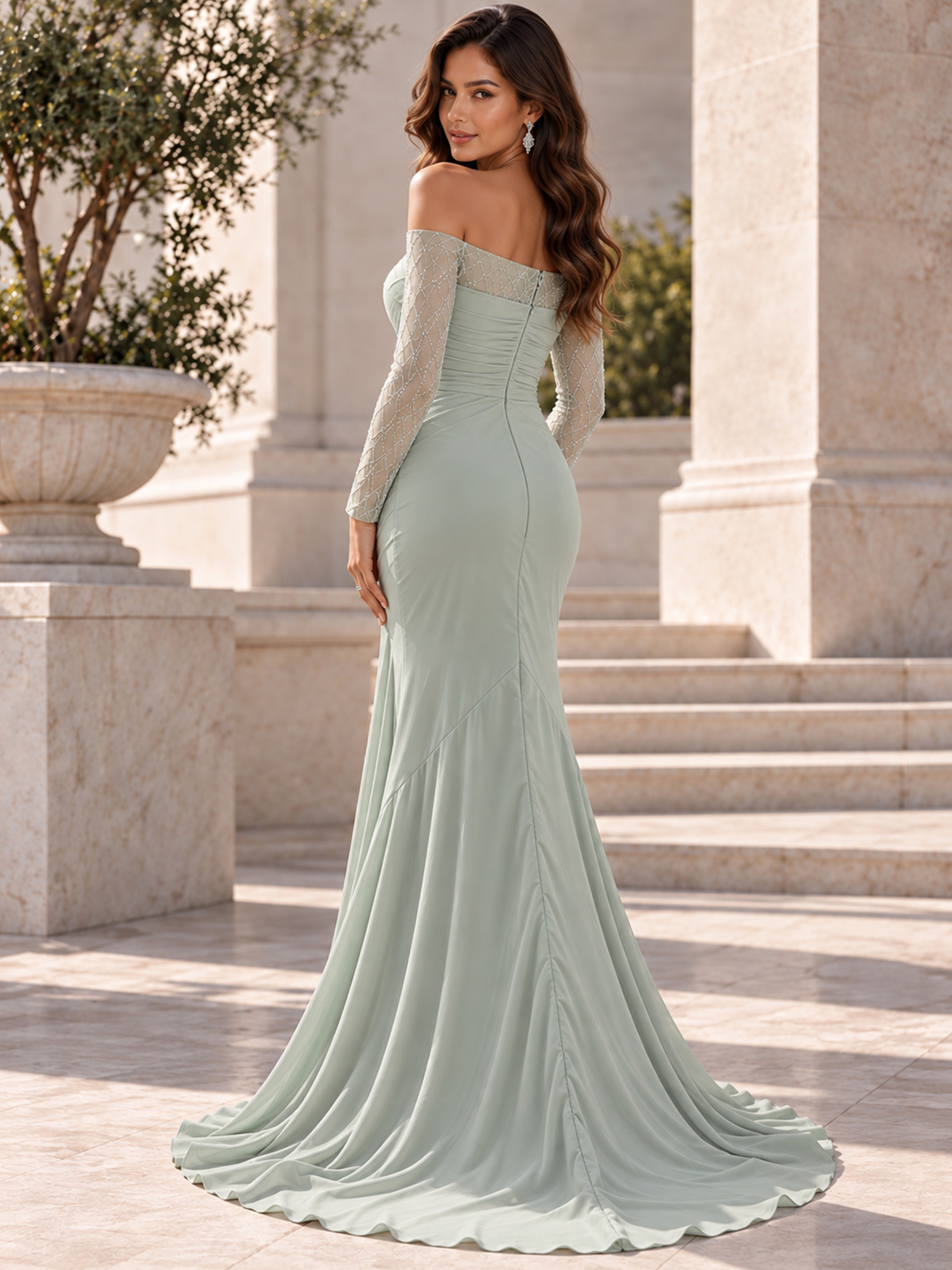 Sage Green Chiffon Off Shoulder Beaded Mesh Long Sleeve High Slit Mermaid Train Evening Gown