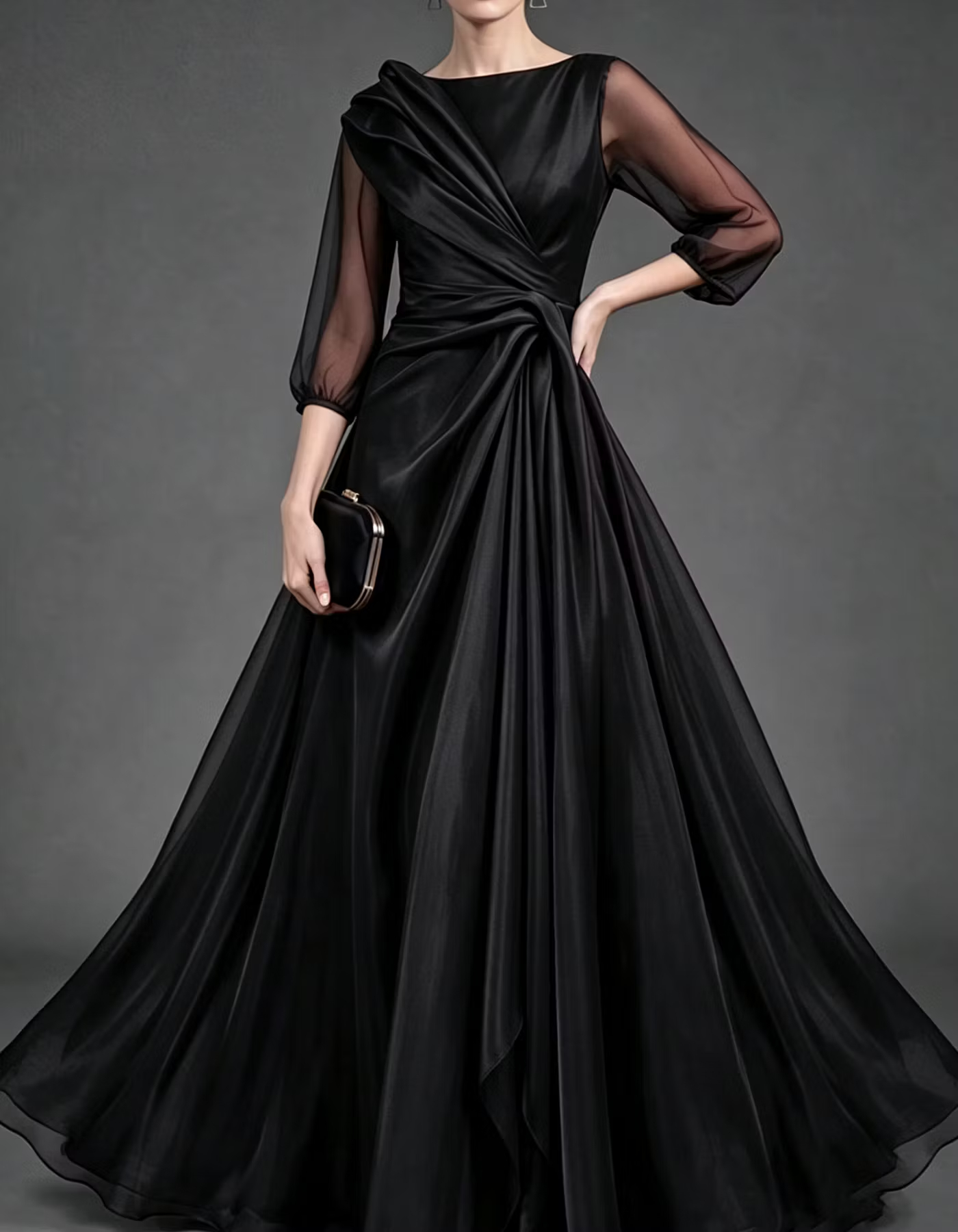 Burgundy Boat-Neck Mesh-Sleeve Ruched Twist Maxi Dress