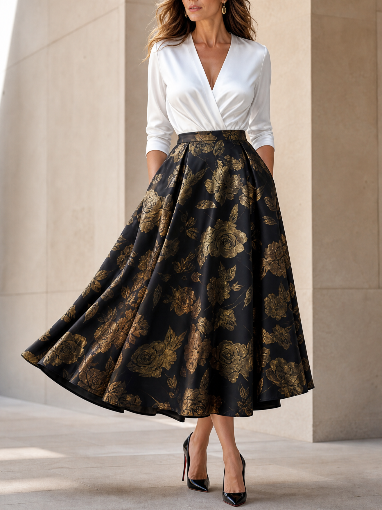 White Gold Floral Two-Piece Effect V-Neck A-Line Midi Evening Gown Dress