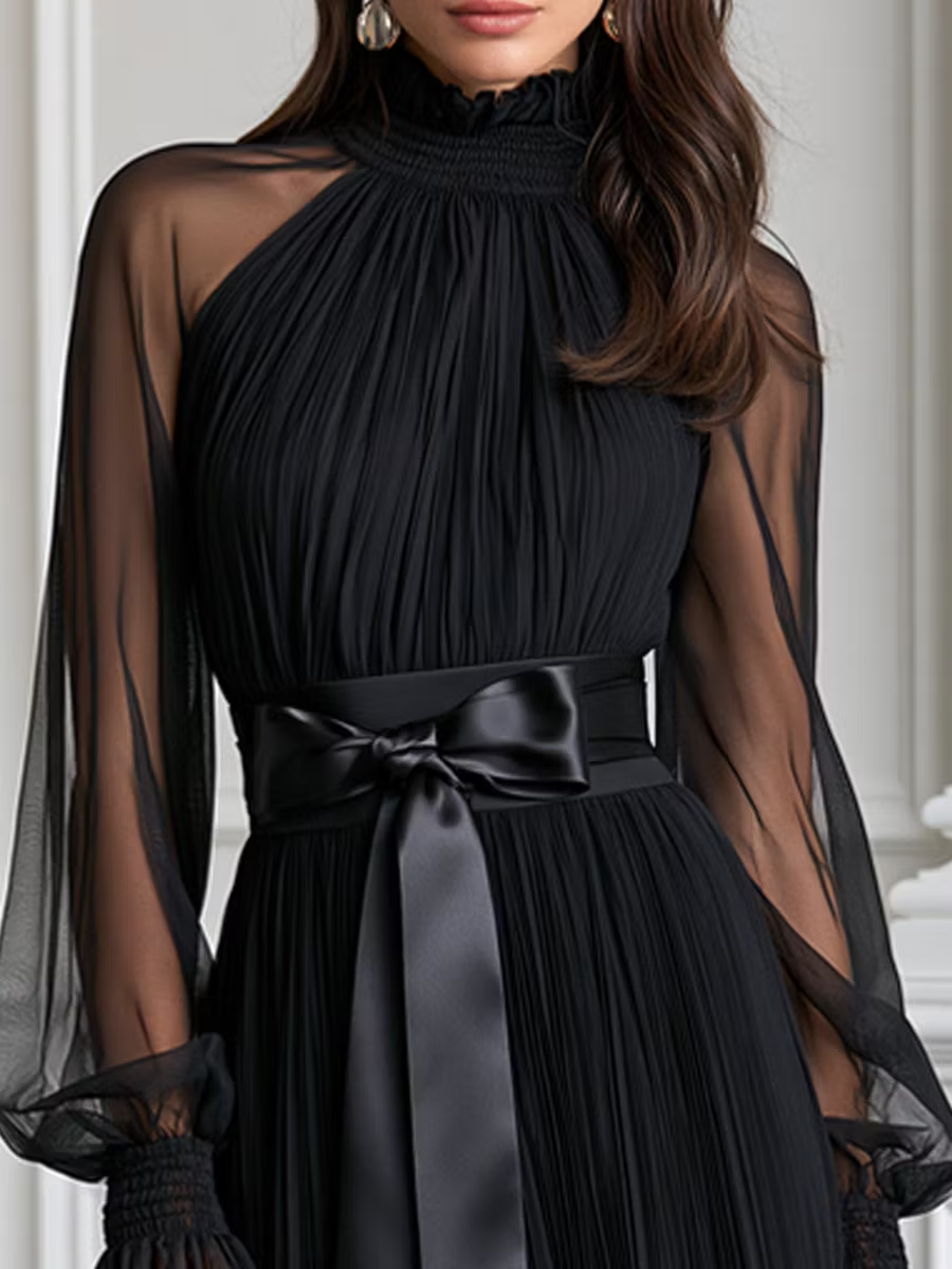 Black Pleated Sheer Long Sleeve Satin Belt Maxi Evening Dress