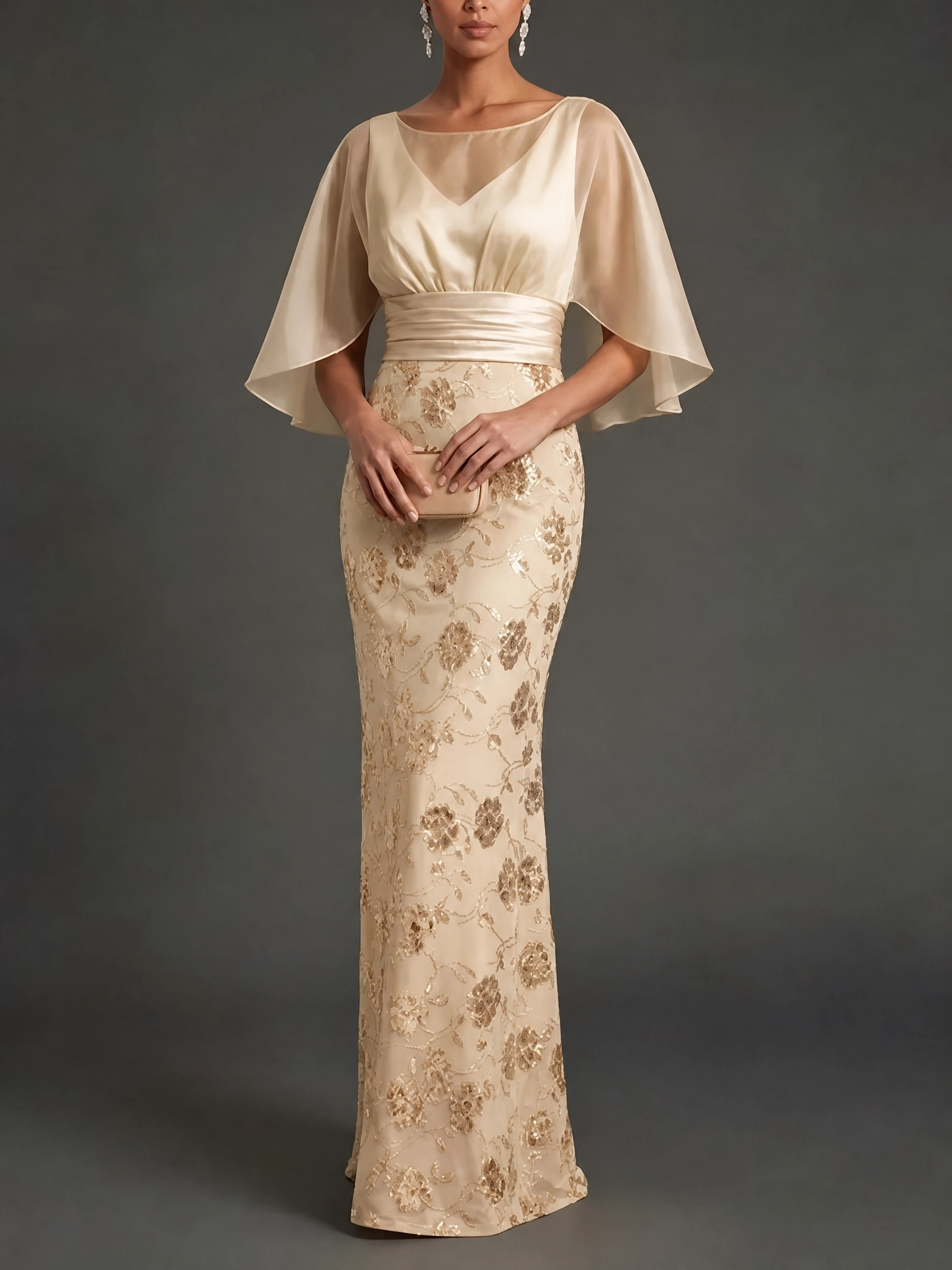 Champagne-colored Boat-neck Floral Lace Maxi Dress