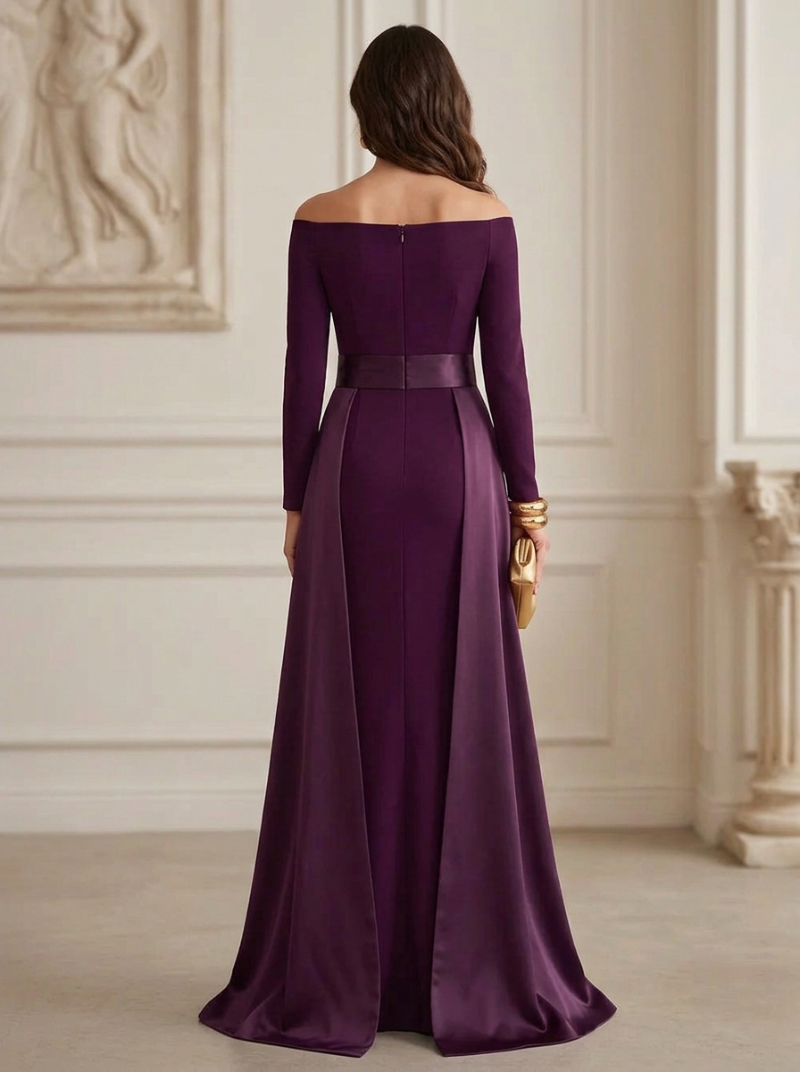 Burgundy Off-the-Shoulder Long Sleeve Sash Belt Sheath Maxi Dress