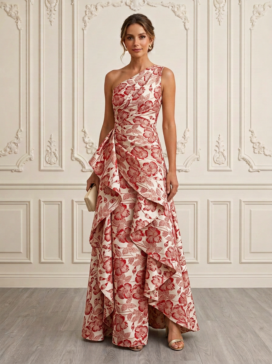 Dusty Blue One-Shoulder Sleeveless Floral Jacquard Asymmetric Ruffle A-Line Maxi Dress