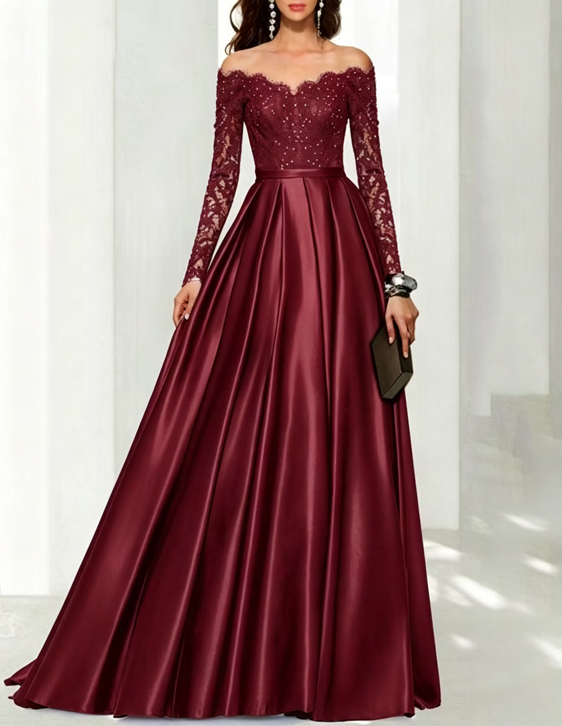 Blue Off‑the‑Shoulder Lace Embroidered Satin Long‑Sleeve A‑Line Evening Maxi Dress