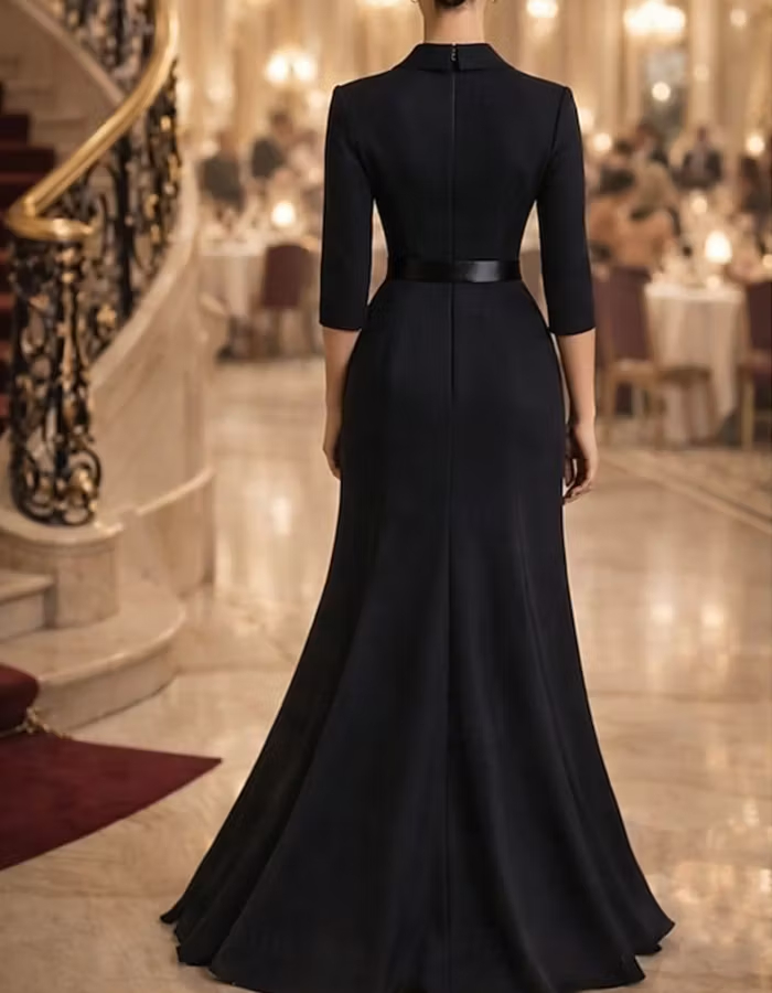 V Neck 3/4 Sleeve Belted Waist Cascading Ruffle Satin Maxi Dress