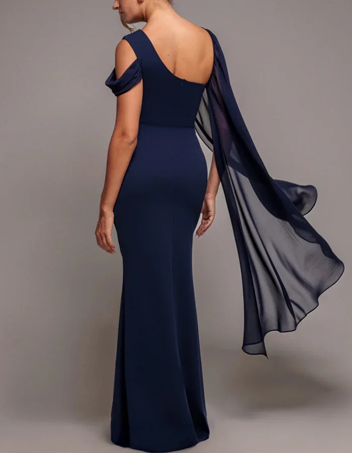 Navy Asymmetrical One-Shoulder Chiffon Shawl Mermaid Maxi Dress