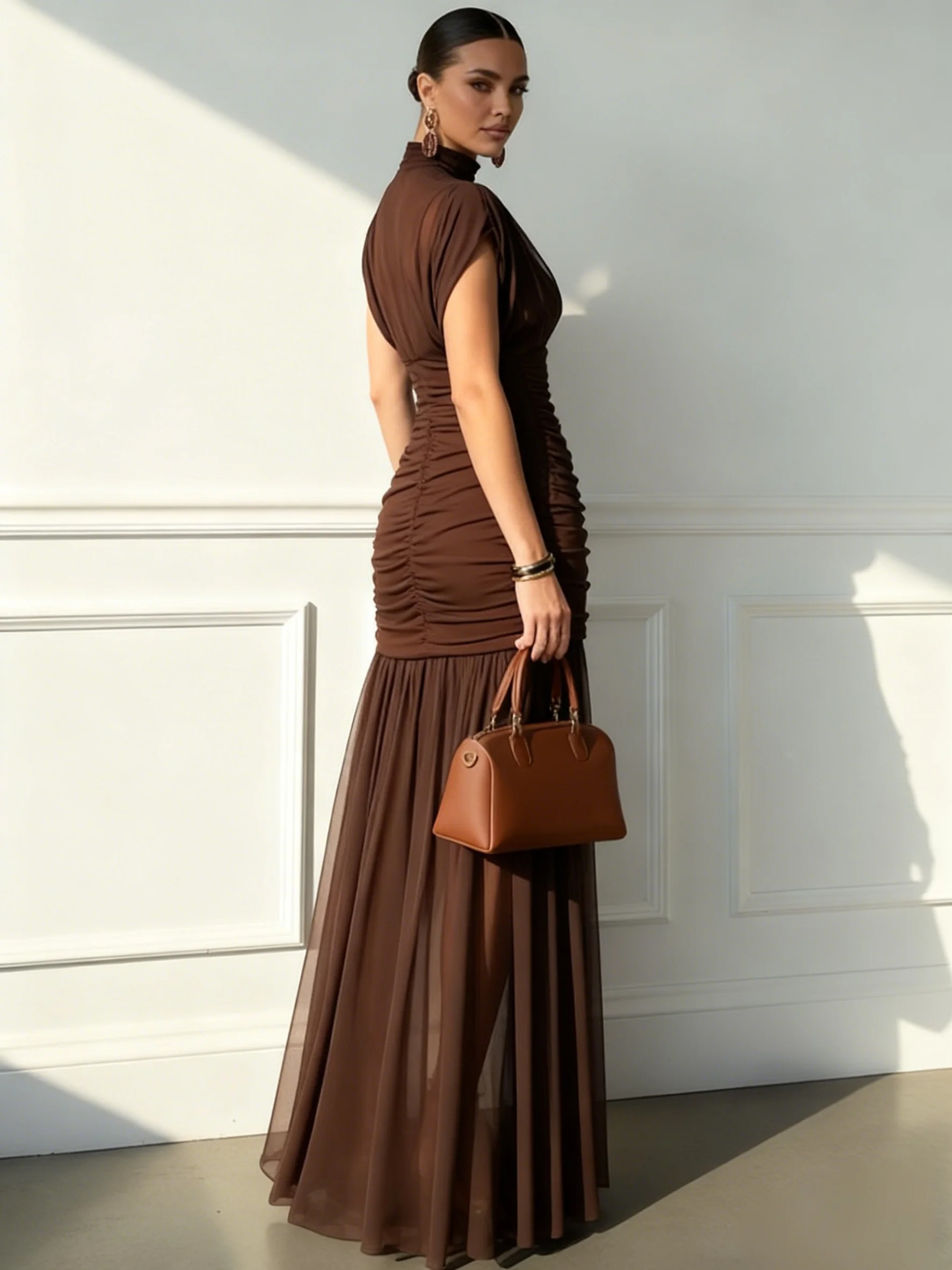 Brown Ruched Mesh Knit Mock Neck Sleeveless A-Line Maxi Dress