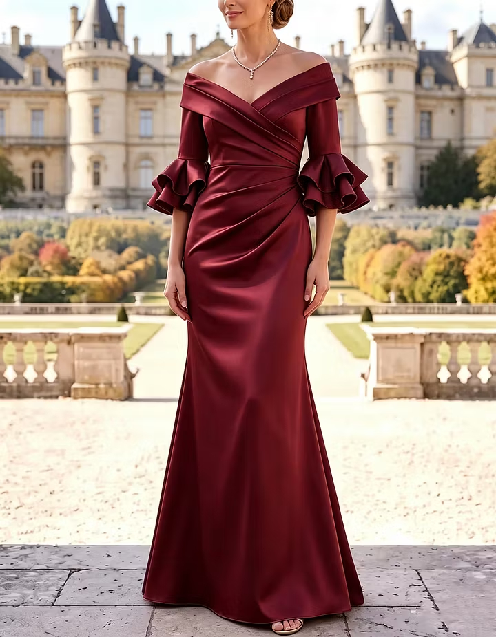 Champagne Off-Shoulder Flounce-Sleeve Mermaid Maxi Dress