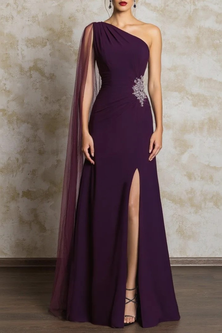Formal Evening Dress Burgundy One Shoulder Slit Maxi Dress