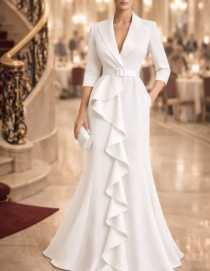 V Neck 3/4 Sleeve Belted Waist Cascading Ruffle Satin Maxi Dress