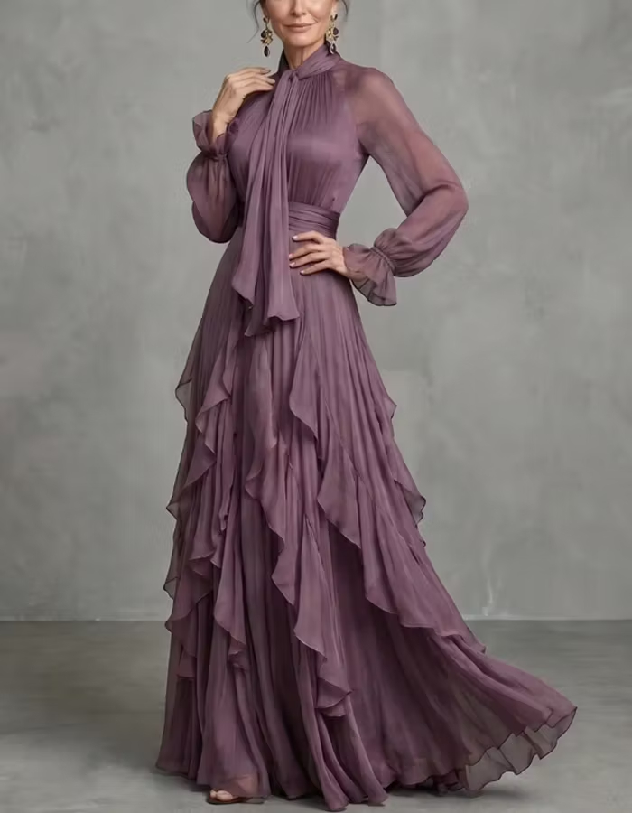 Pale Purple Tie-neck Long-sleeved Ruffled Chiffon A-line Floor-length Maxi Dress
