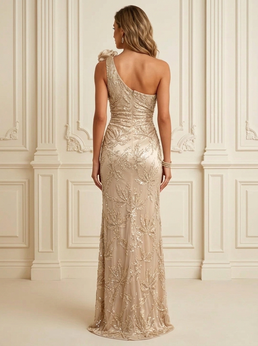 Champagne One Shoulder 3D Floral Beaded Leaf High Slit Maxi Evening Gown