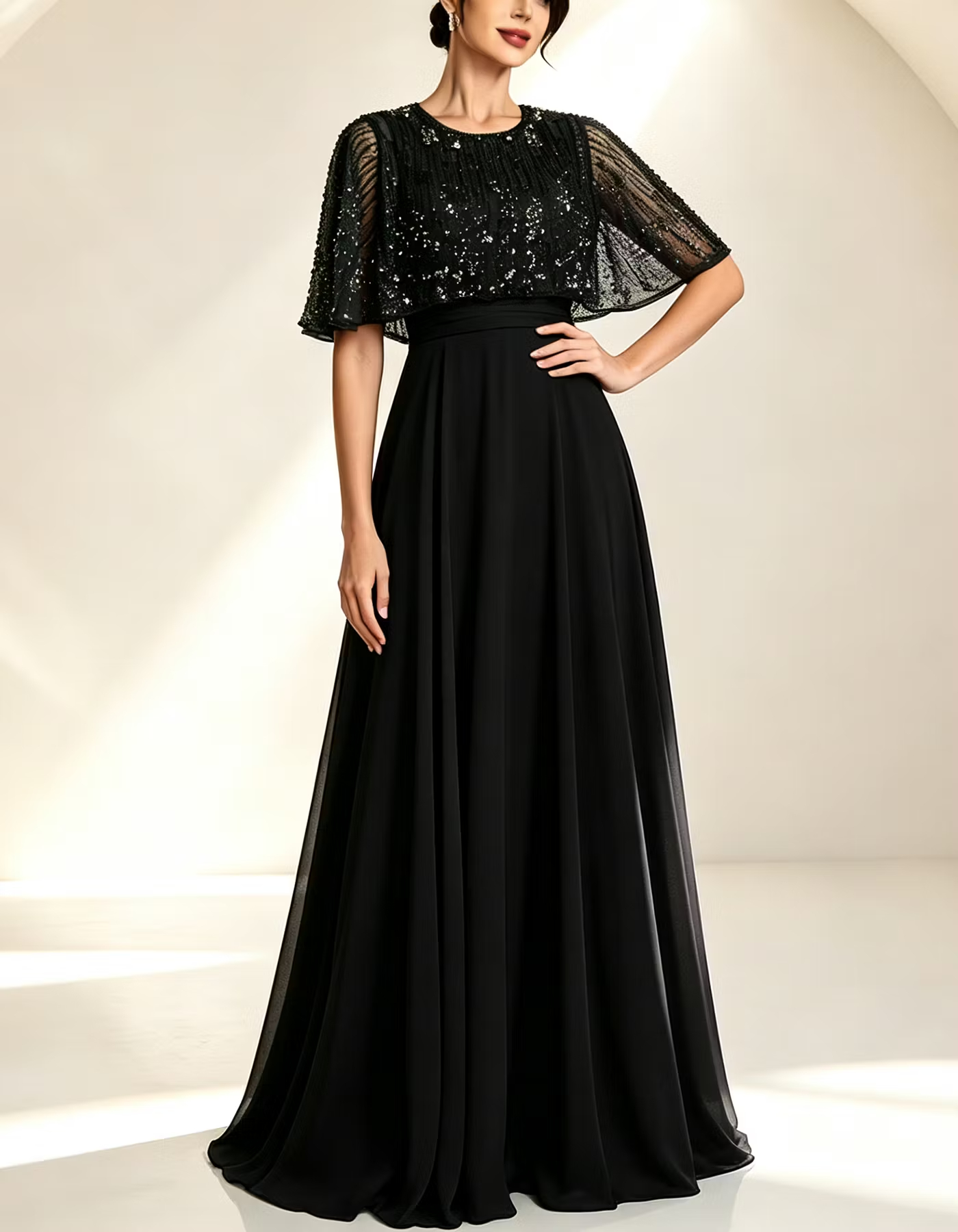 Emerald Green Sequin Beaded Cape Sleeve Round Neck Chiffon A-Line Maxi Dress