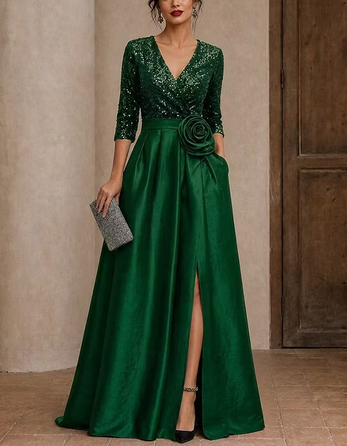 Sequin V‑Neck 3/4 Sleeve Satin A‑Line Slit Maxi Dress