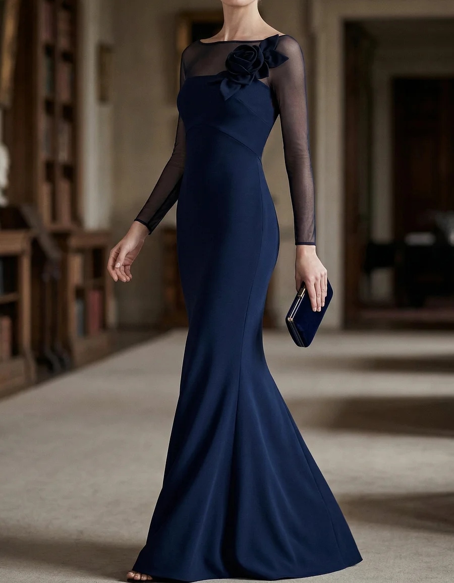 Navy Blue Chiffon Floral Maxi Dress