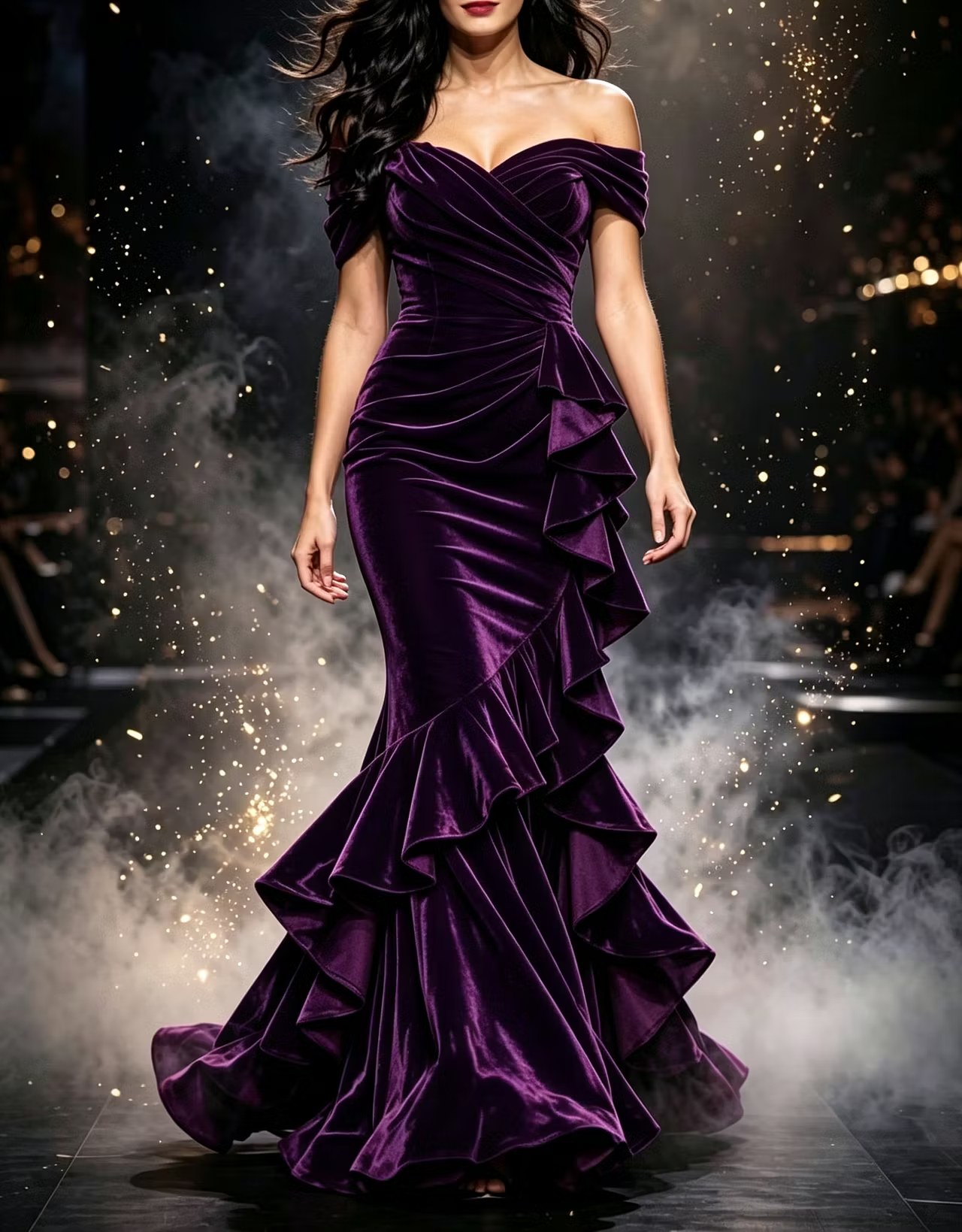 Burgundy Velvet Off Shoulder Ruched Ruffle Mermaid Maxi Dress