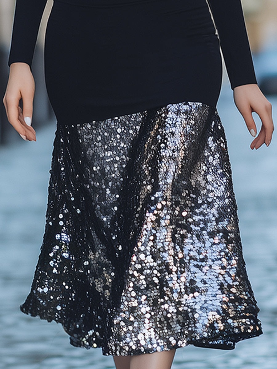 Elegant High-Neck Velvet And Sequin Panel Midi Dress