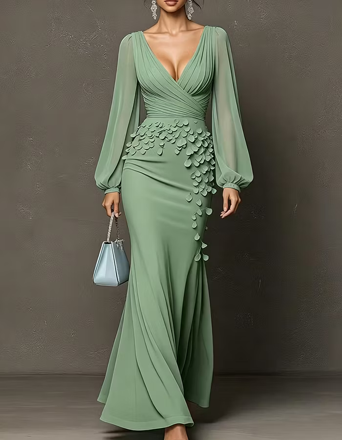 Deep V Sheer Puff Sleeve 3D Petal Chiffon Maxi Dress