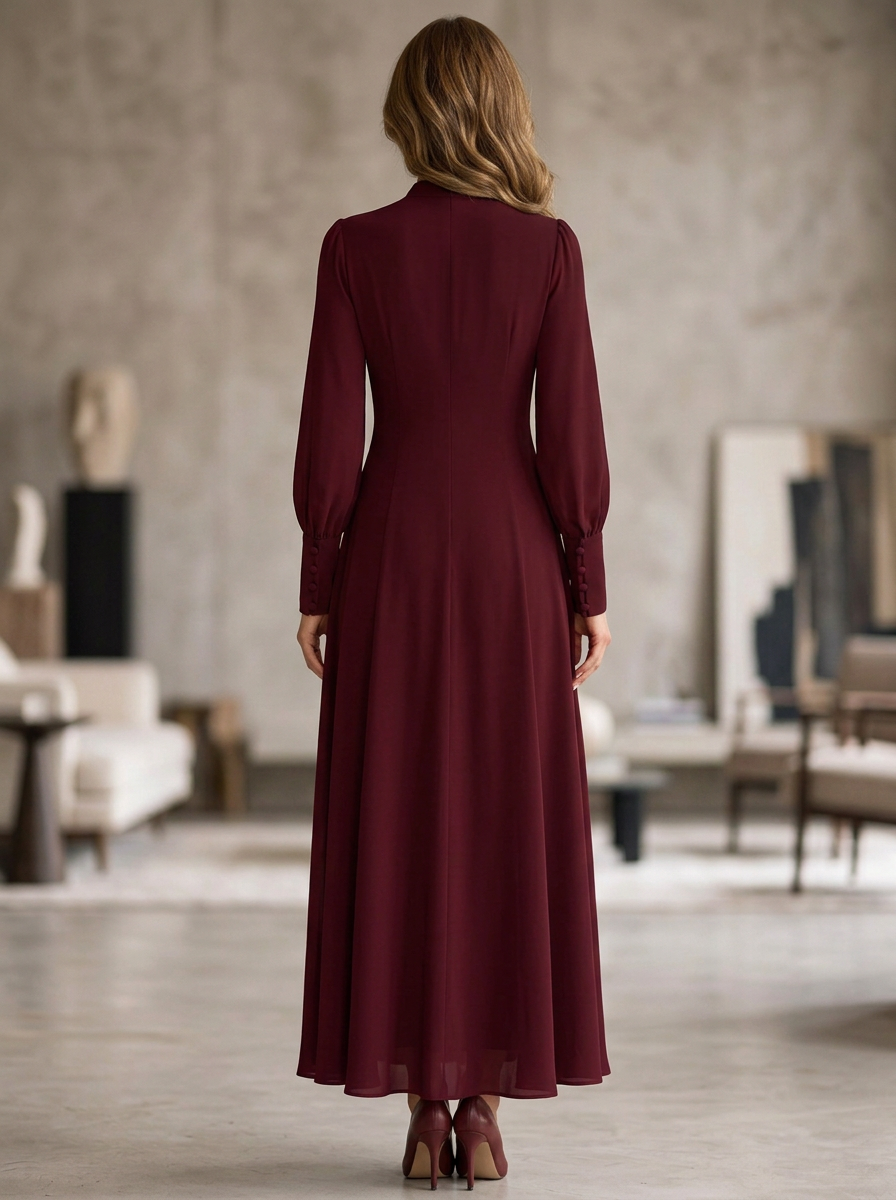 Burgundy Surplice V-Neck Knotted-Sash Buttoned-Sleeve A-Line Maxi Dress