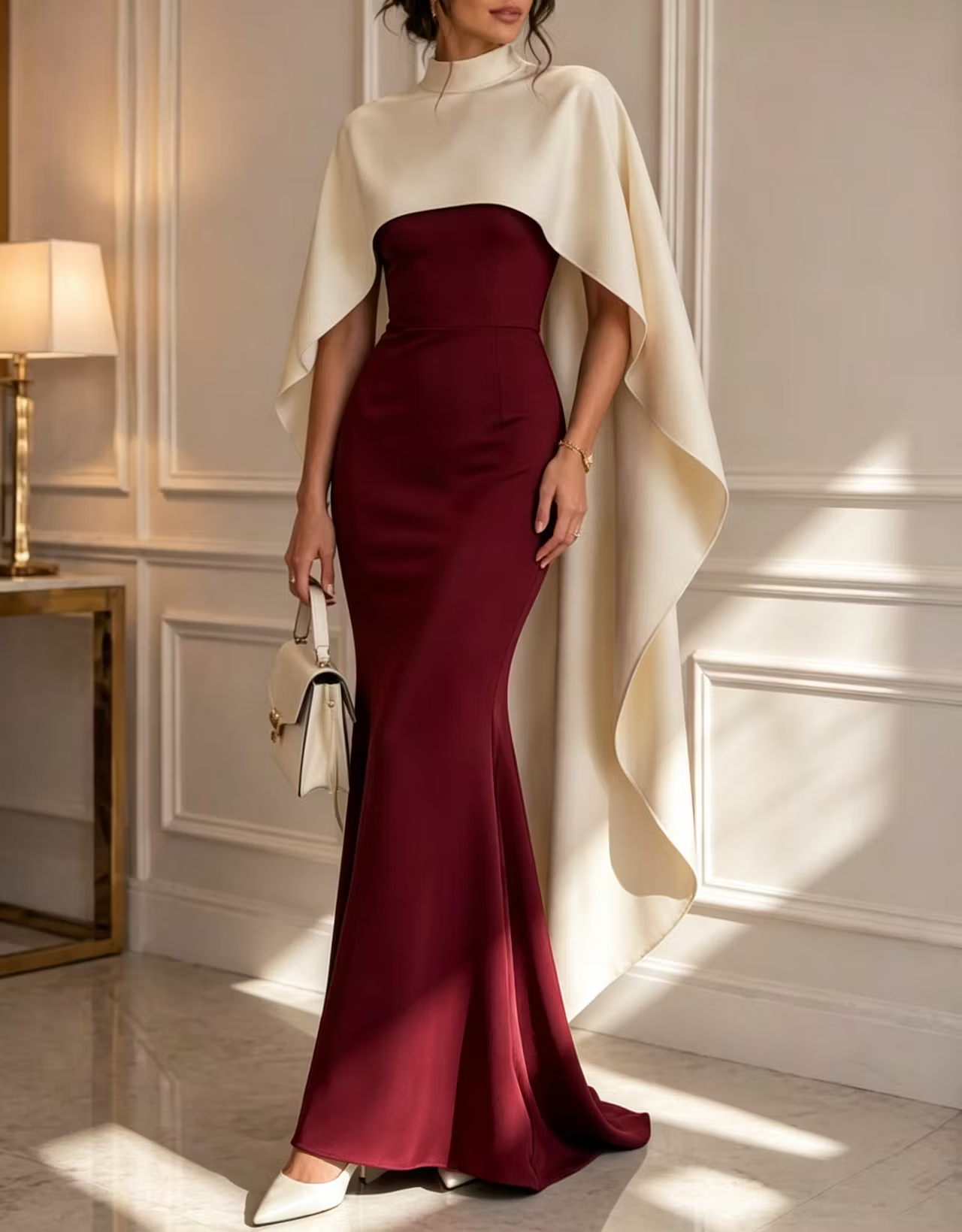High Neck Color‑Block Cape Sleeve Crepe Mermaid Evening Maxi Dress