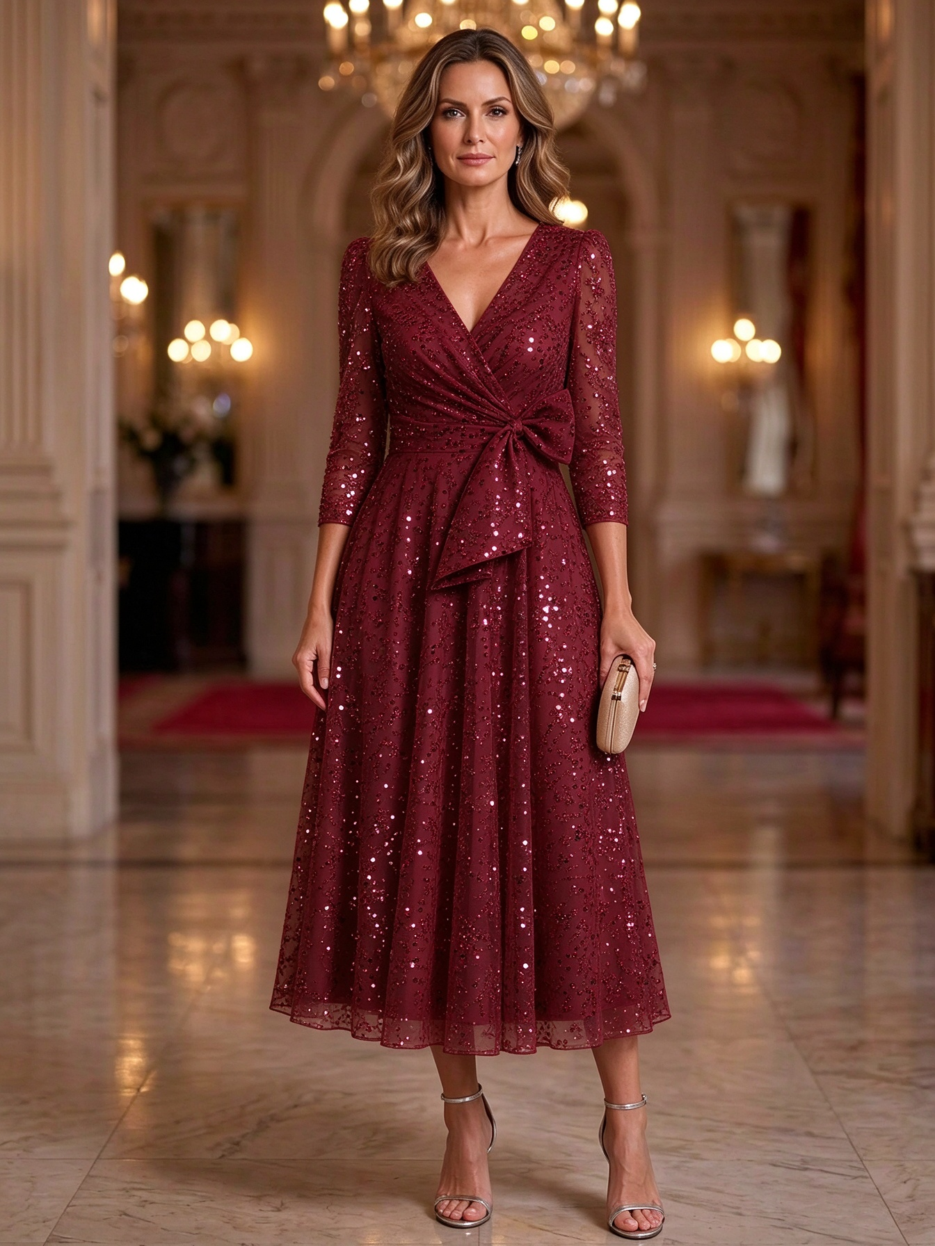 Champagne Gold Sequin Lace V-Neck 3/4 Sleeve Bow Tea-Length Dress