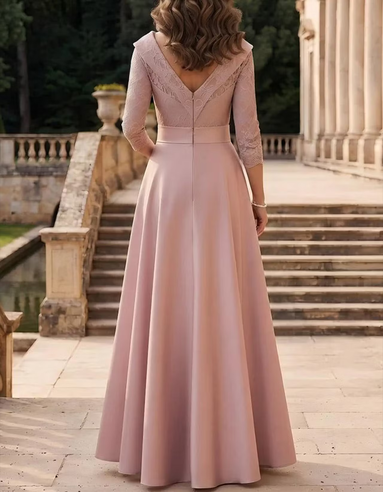 Dusty Rose V-Neck 3/4 Sleeve Lace Bodice Sash Bow A-Line Maxi Dress