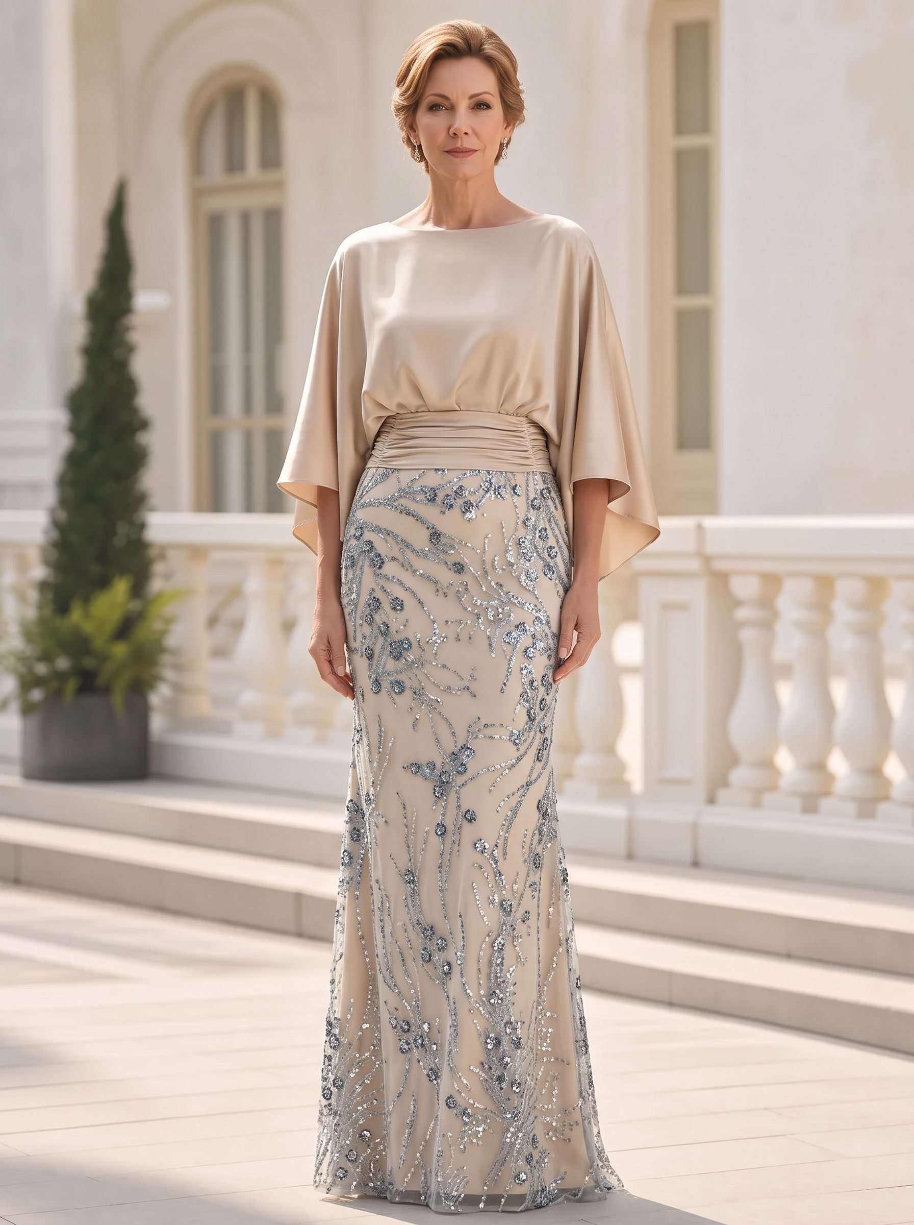 Champagne Cape Sleeve Ruched Sequin Mermaid Dress