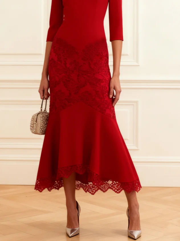 Red Lace Classic Boat Neck Half Sleeve Mermaid Maxi Dress