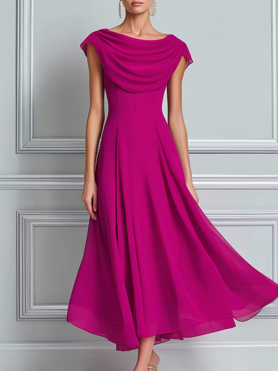 Fuchsia Draped Cowl Neck Cap Sleeve Flowy Chiffon Midi Dress