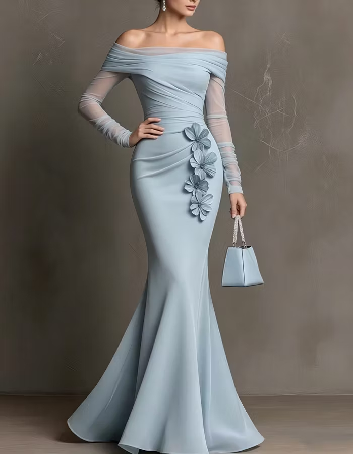 Light Blue Off-the-shoulder 3D Floral Appliqués Maxi Dress