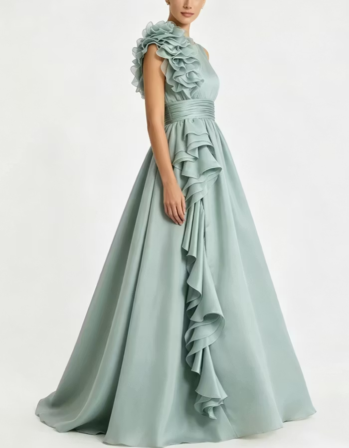 Sage Green 3D Floral Ruffle A‑Line Long Maxi Dress