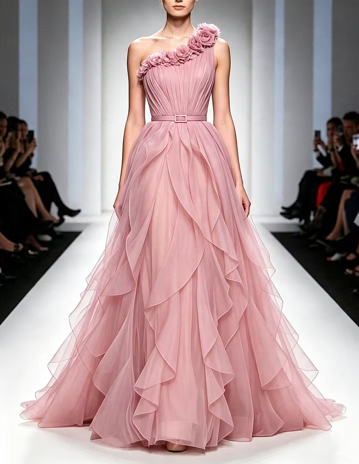 One‑Shoulder 3D Floral Tulle Ruffled Layers Waist Belt A‑Line Maxi Dress