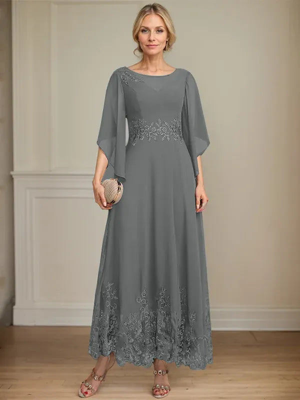 A-line Scoop Illusion Ankle-Length Lace Chiffon Mother of the Bride Dress With Sequins