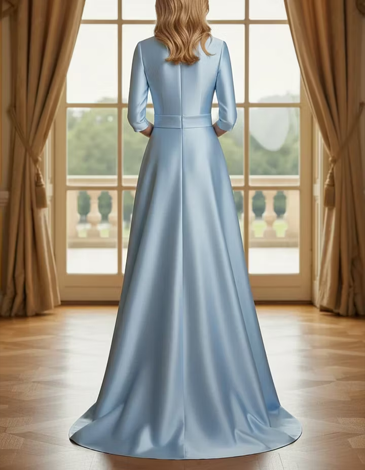 Light Blue Satin Deep V Elbow Sleeve Maxi Dress