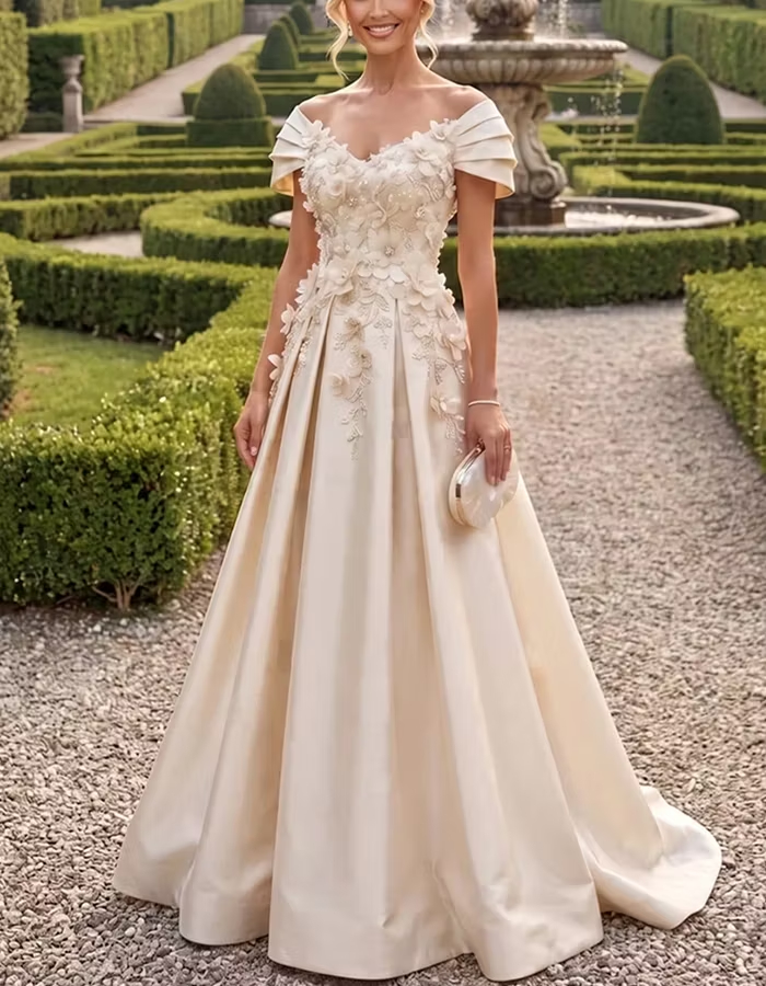Champagne Off‑the‑Shoulder 3D Floral Satin Maxi Dress