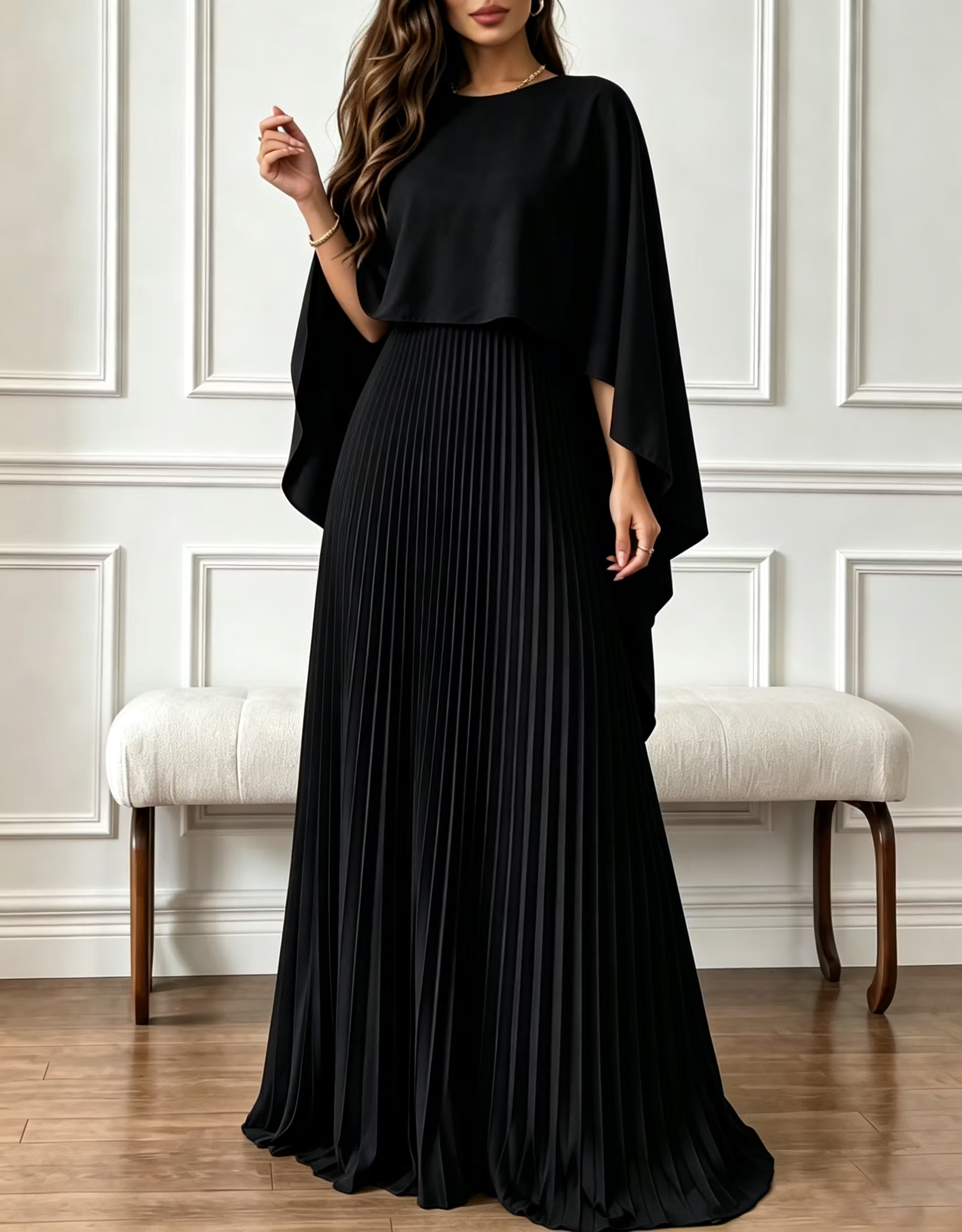 Round Neck Chiffon Cape Overlay Evening A‑Line Maxi Dress