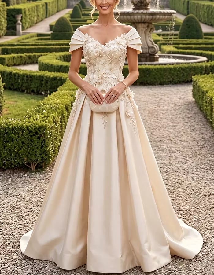Champagne Off‑the‑Shoulder 3D Floral Satin Maxi Dress
