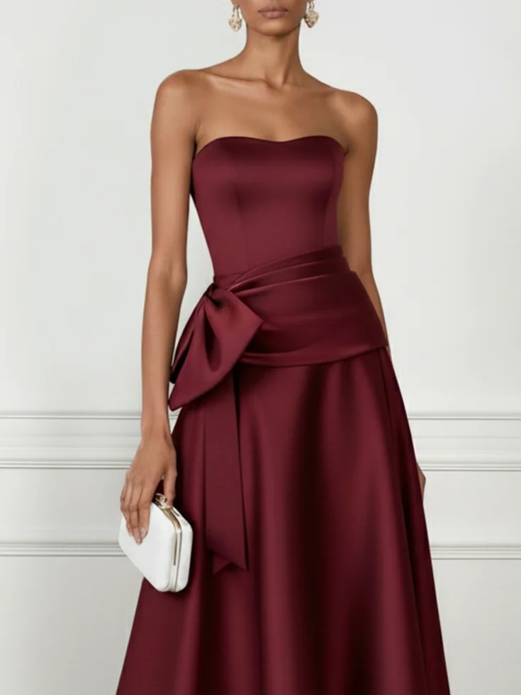 Burgundy Bow Satin Strapless Sleeveless A-Line Gown Dress