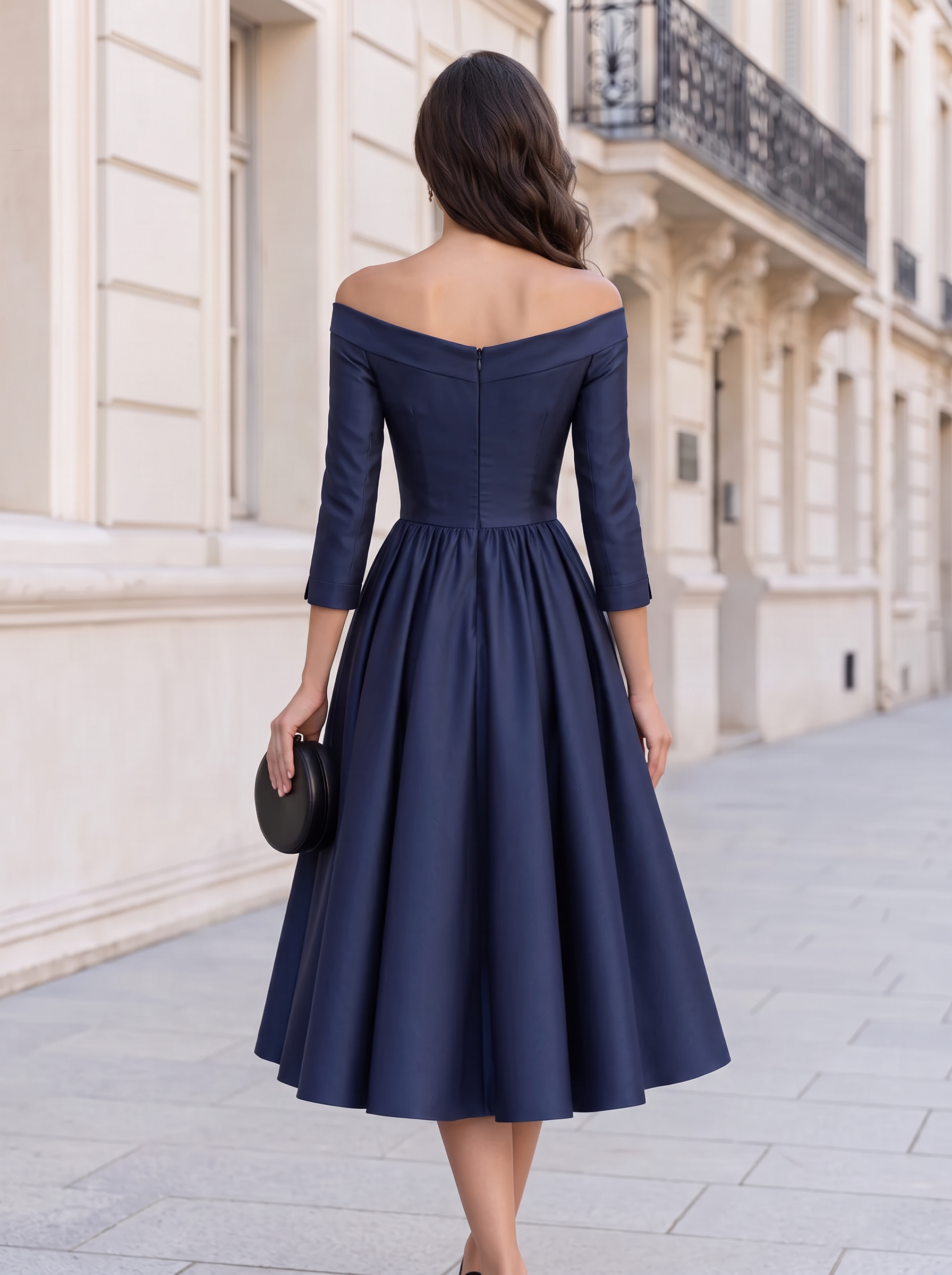 Navy Blue Off Shoulder Elbow Sleeve Cross Bodice A-Line Midi Dress