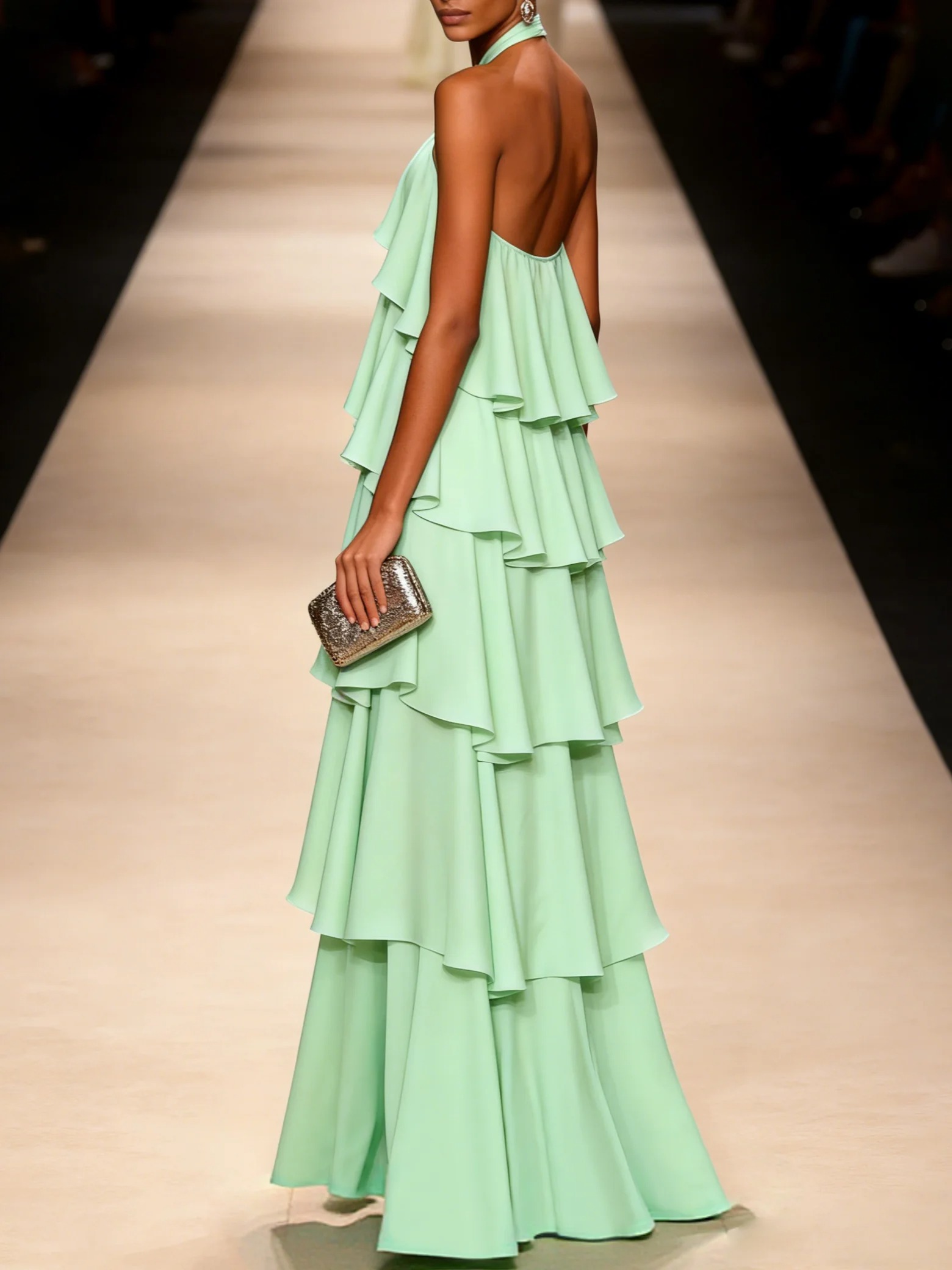 Light Green Ruffled Chiffon Halter Sleeveless A-Line Maxi Dress